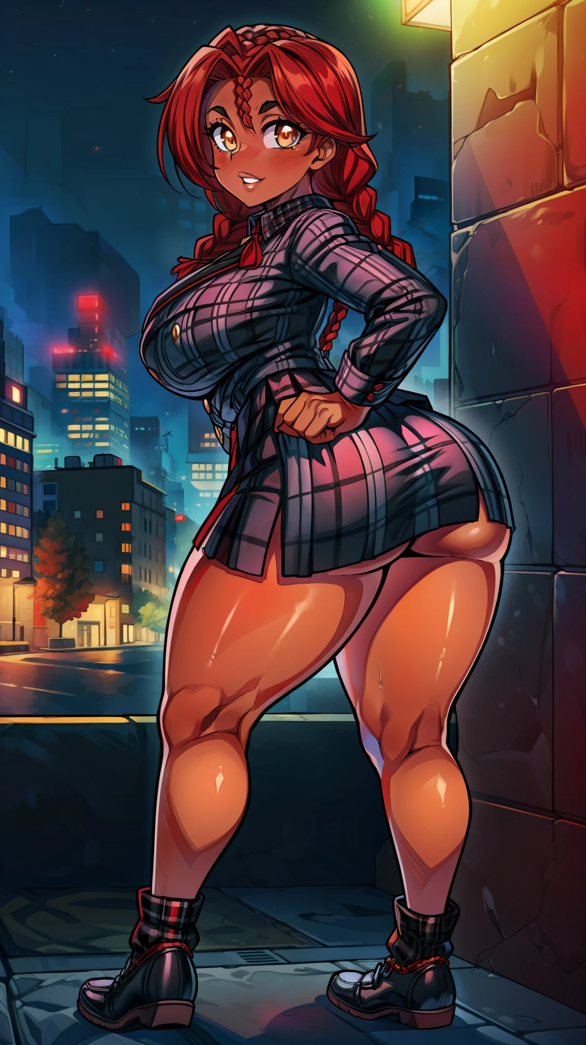4K Quality, y smiling black woman, sexose, (black plaid skirt), standing up, ((black and red braids)), (dark skinned), thick thighs, big breastg ass, looking viewer, amber eyes, night time, bedroom eyes, full body, city background, perfect face, perfect body, perfect eyes, full lips,
