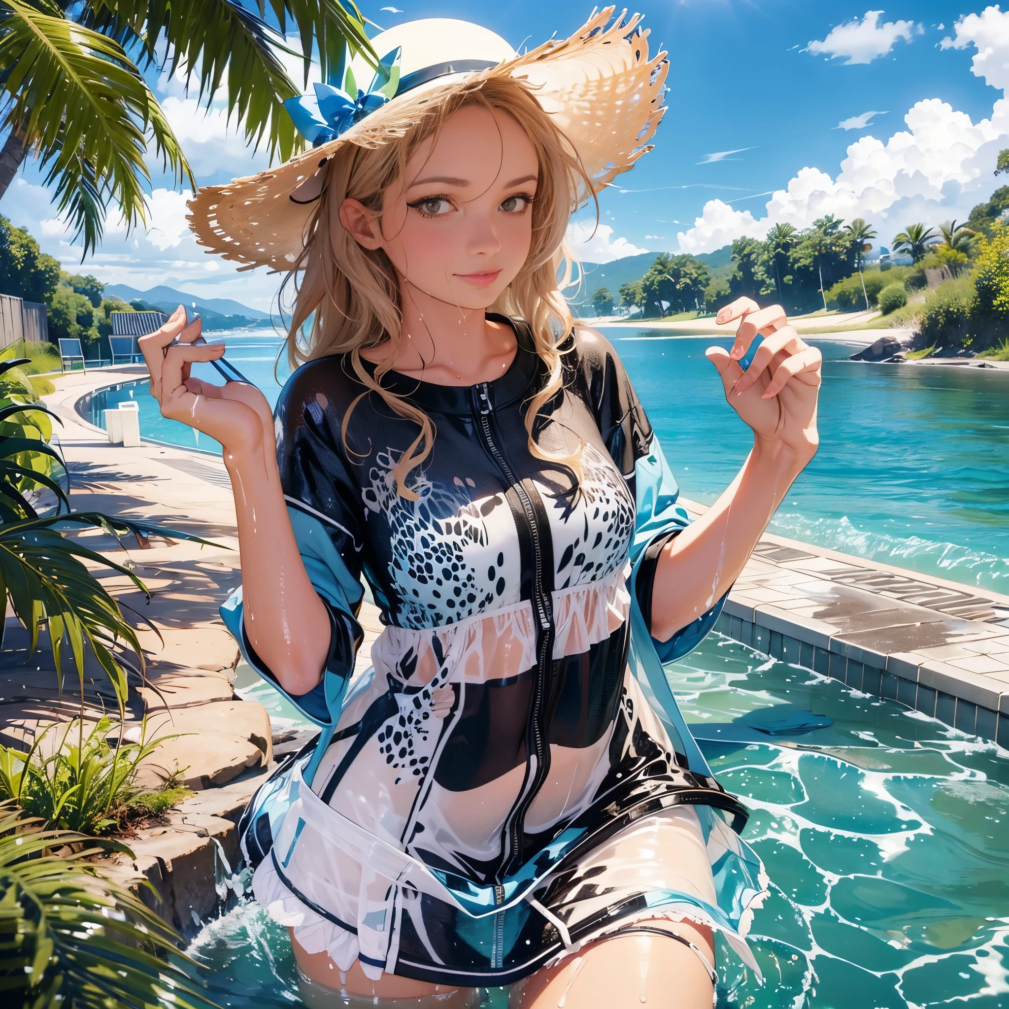 (masterpiece, 8k, best quality:1.2), at the beach, outdoor, 1girl, 27 yo australian woman, sultry smile, looking at viewer, uniform, wet clothes, soaked, wet hair, wet skin, translucent, glistening with oil, drenched, bright sunshine, soaked heavy clothes, erotic, prinzzess