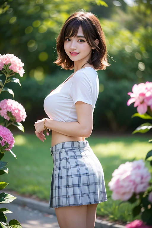 NSFW, 8k RAW photo, highest quality, masterpiece, ultra high resolution, film grain, movie, 1 girl, looking at the viewer, natural skin texture, Realistic eye and face details, full lips, lipstick, (compensate), red eyeshadow, fluffy short hair, messy hair, smile, close your mouth, beautiful foot, tall woman, skinny, slim_foot, alone, huge breasts, cleavage, buttを自分に向けたポーズ, super short skirt, butt, shirt, beautiful natural location, around flowers location, (detailed background), plaid skirt, white shirt, huge breasts, cleavage, Show a little cleavage through the shirt, loafers,background blur、holding, plaid, short sleeve, jk ribbon on the neck, jk ribbon, brown hair, bracelet, water, bangs, , jewelry, parted lips, lips, From the side, pleated skirt, Depth of the bounds written