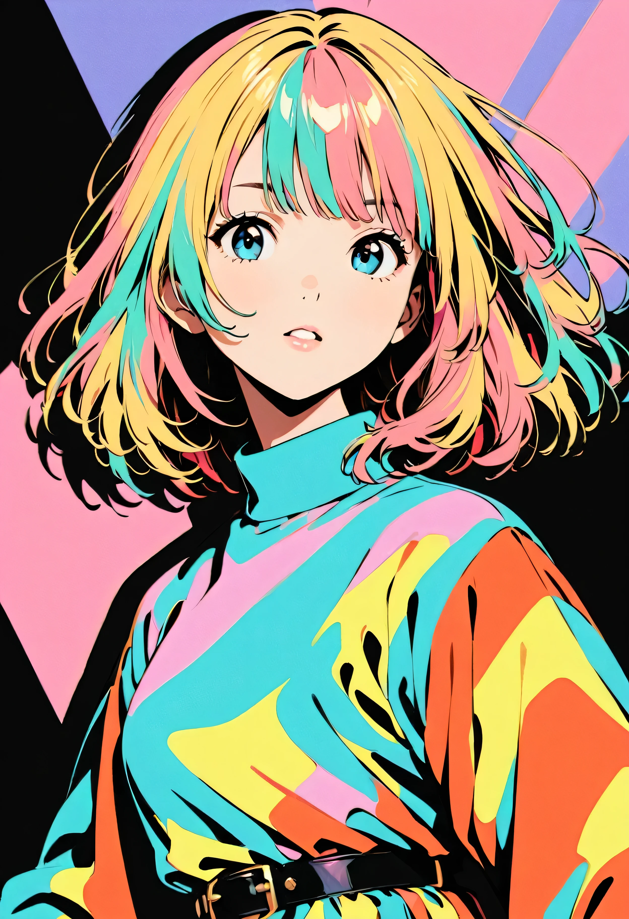 (highest quality:1.2, City Pop Style, Very detailed, Latest, Vibrant, High Contrast, masterpiece:1.2, highest quality, Best aesthetics), girl, ((Face Up Shot:1.4)), Colorful Hair, Bobcut, pastel colour, 1980s style, ((Retro, Vintage, Solid color background))