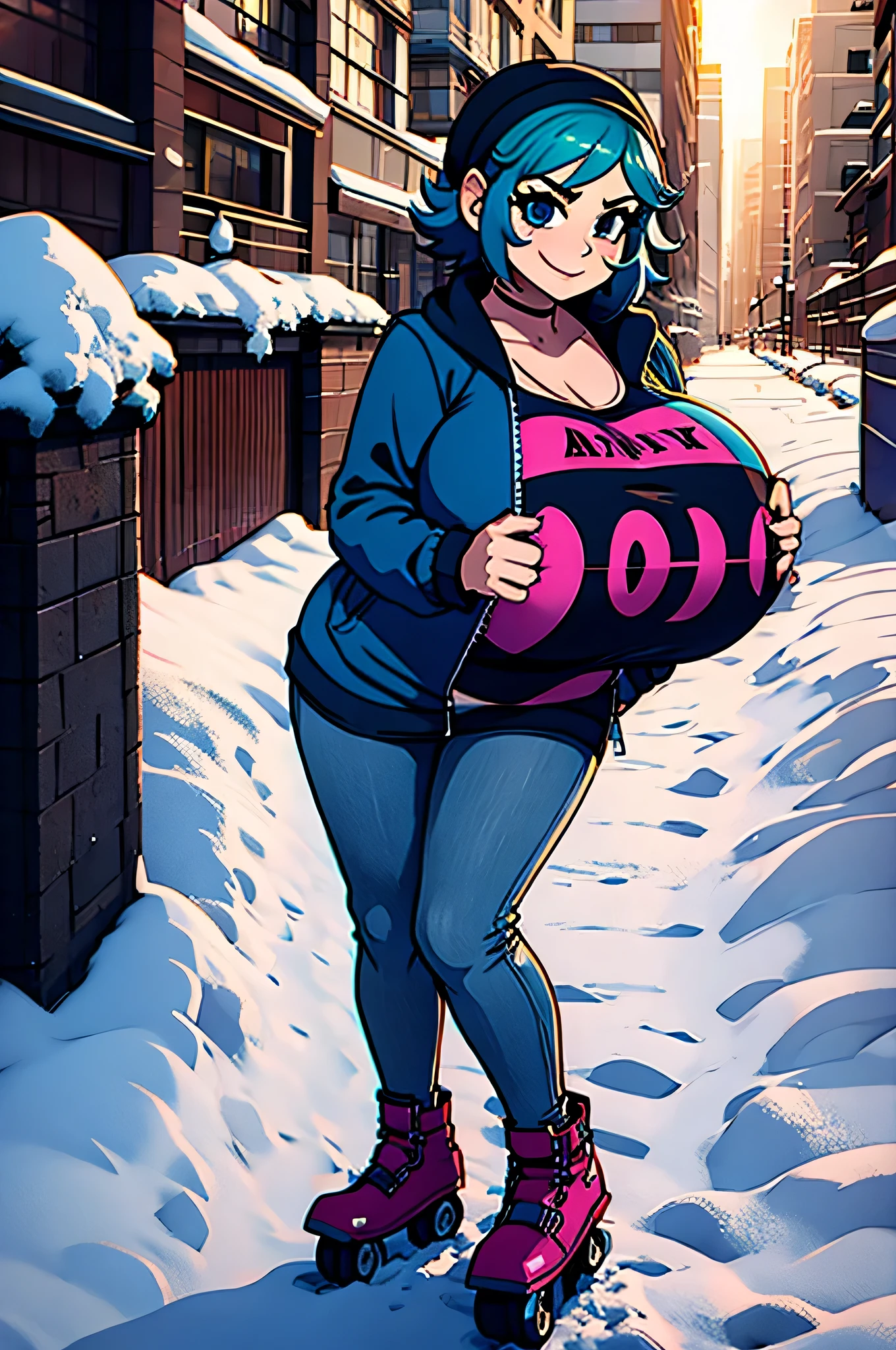 A girl Scott Pilgrim Ramona Flowers shirt jacket roller skates Super huge breasts breast enlargement A person standing in the snow looking at the camera smiling full-body shot