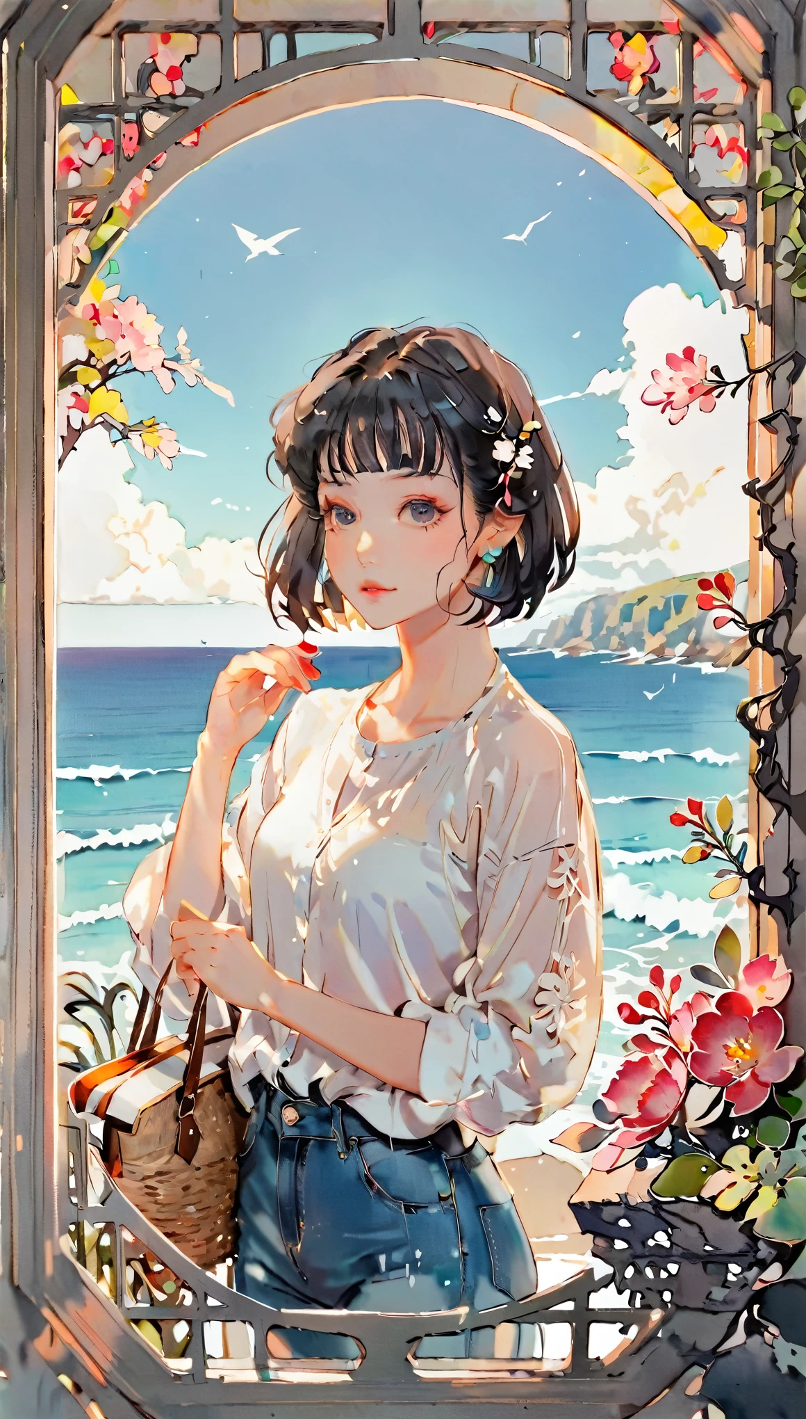 (((paper cutting style))), 1 girl, short black hair, straight hair, portfolio, shirts, denim, ocean and sky