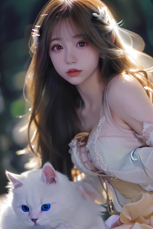 1girl, standing on earth, looking up at night sky, shimmering stars, beautiful detailed eyes, beautiful detailed lips, extremely detailed eyes and face, long eyelashes, serene expression, vibrant colors, dynamic composition, tranquil, (best quality,4k,8k,highres,masterpiece:1.2),ultra-detailed,(realistic,photorealistic,photo-realistic:1.37),animal cosplay,white long hair,FINAL FANTASY,kawaii Japanese,animal eyes,fantasy,dreamy,ethereal,magical realism,soft lighting,glowing,detailed background cat eye
