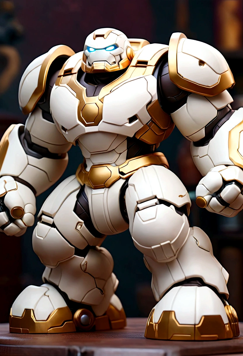 a small white hulkbuster samurai  figure on the table, gold mecha accent, hero pose, bird eye view