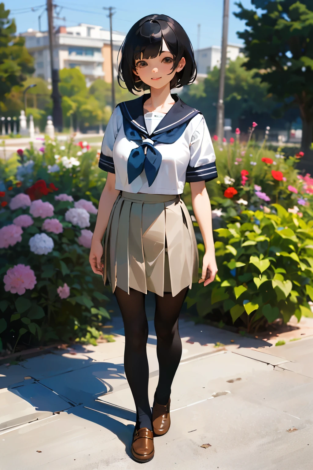 (highest quality, High resolution, Super detailed, Realistic:1.37), Peaceful atmosphere, (Outdoor, garden), Teenage girl standing alone,(my breasts are big.),Beautifully detailed features, Cute Smile, ((Black bob hair)),Short-sleeved sailor uniform, Pleated skirt,Black tights,Brown leather shoes.