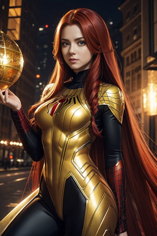 A beautiful woman with long red hair wearing a golden Spider-Man outfit