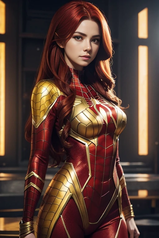 A beautiful woman with long red hair wearing a golden Spider-Man outfit