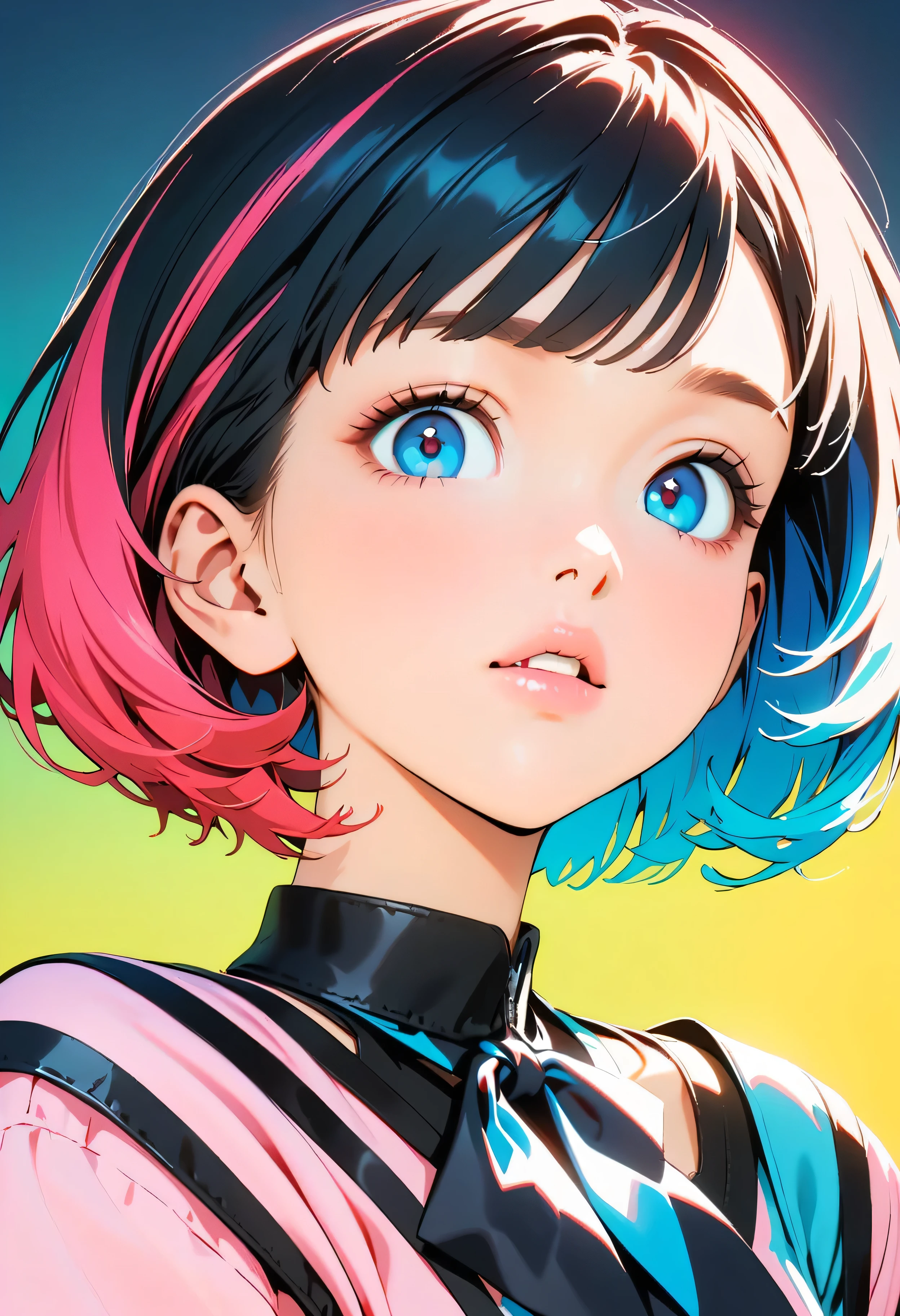 (highest quality:1.2, City Pop Style, Very detailed, Latest, Vibrant, High Contrast, masterpiece:1.2, highest quality, Best aesthetics), girl, ((Face Up Shot:1.4)), Colorful Hair, Bobcut, pastel colour, 1980s style, ((Retro, Vintage, Solid color background))