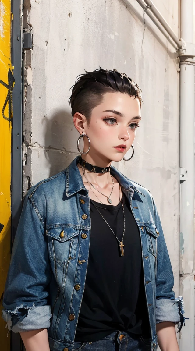 (masterpiece:1.2, best quality), (1lady, solo, upper body:1.2), Hair: buzz cut, Clothing: oversized, distressed denim jacket with patches and pins, paired with black skinny jeans and combat boots, Accessories: silver hoop earrings and a black choker necklace, Hanging out in an underground music venue or street art exhibit