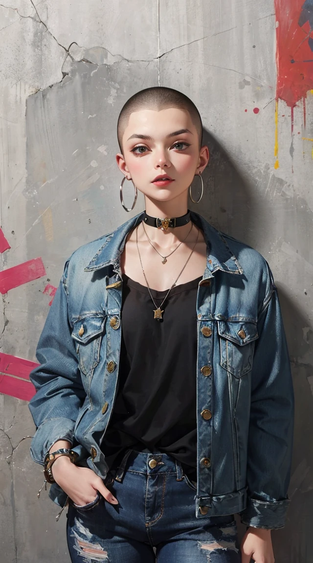 (masterpiece:1.2, best quality), (1lady, solo, upper body:1.2), Hair: buzz cut, Clothing: oversized, distressed denim jacket with patches and pins, paired with black skinny jeans and combat boots, Accessories: silver hoop earrings and a black choker necklace, Hanging out in an underground music venue or street art exhibit