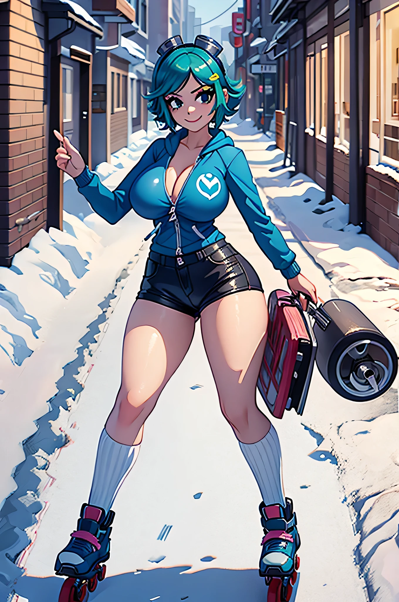 A girl Scott Pilgrim Ramona Flowers shirt jacket roller skates Super huge breasts breast enlargement A person standing in the snow looking at the camera smiling full-body shot