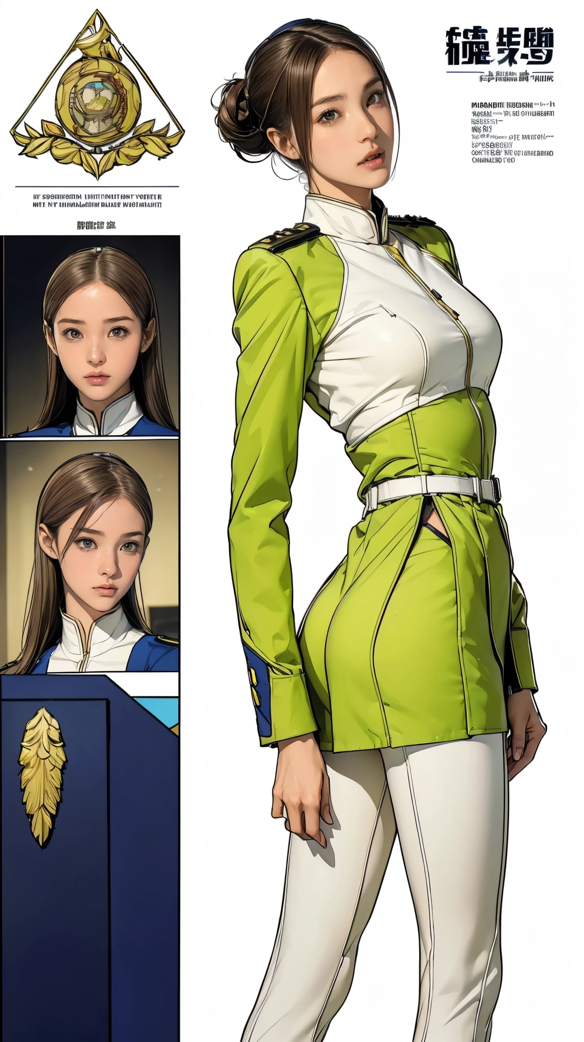 ((masterpiece)),(((highest quality))),((Reference Sheet, Character Design, front, return, ~ ~ side, Mr..々Hairstyle, Mr..々Performance, Facial Expressions)), 14-year-old girl, Cute type, (Very slim:1.4), (Very small ass:1.4), Realistic buttocks, (Medium bust:1.4), Short Bob, Thin thighs, Long legs, It's not a big deal,(A female Earth Federation officer is walking), (Wearing Earth Federation military uniform, White and light yellow military uniform),(Worn by federal government employees'White Hat:1.5)