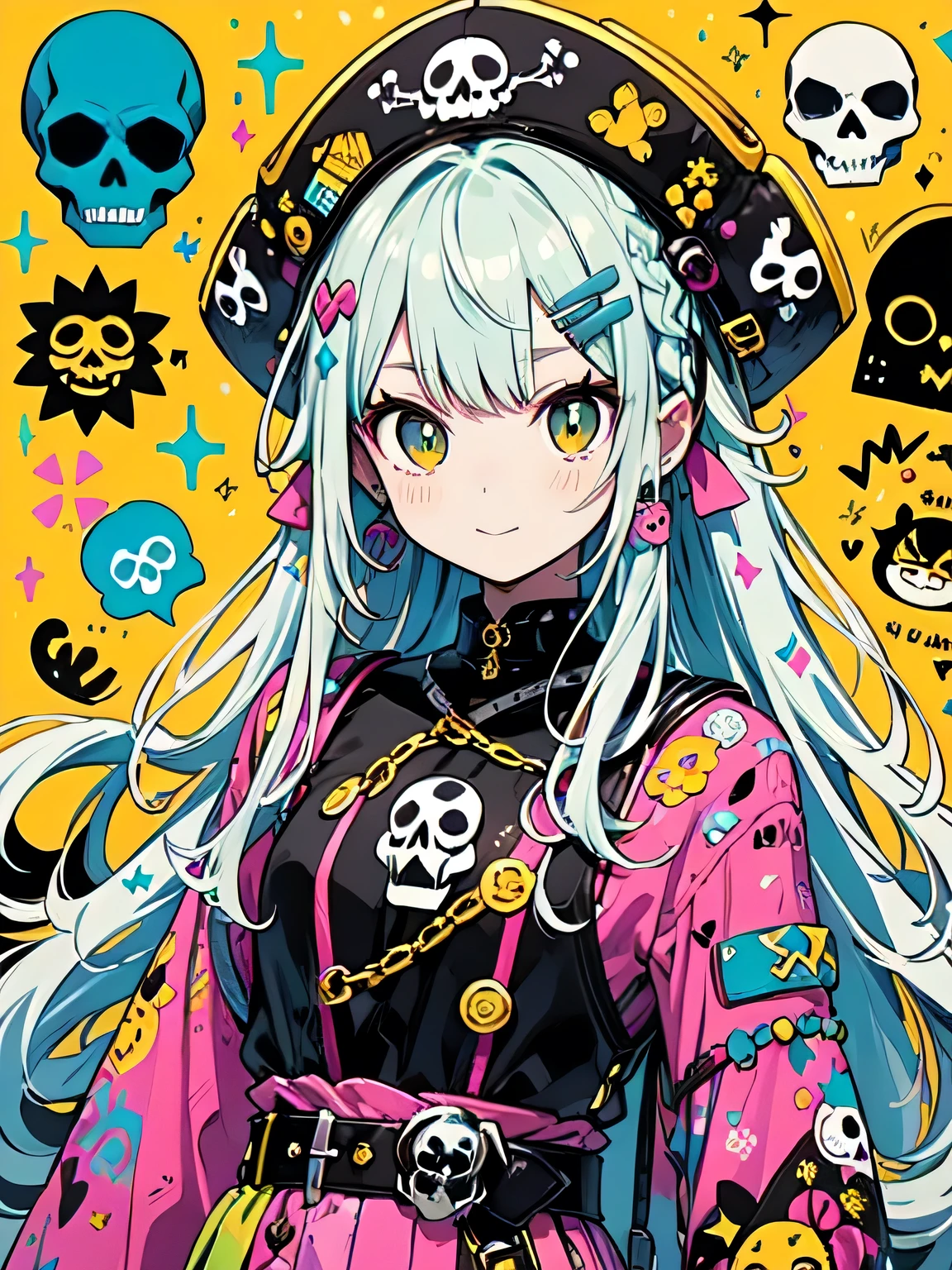 Watase Seizo style、"cute, beautiful, Adorable girl wearing pink clothes, yellow, and baby blue color scheme. She is wearing a costume with a SKULL motif inspired by a female pirate.。.。.。.... stylish hat, Rock、Comes with decorative accessories such as hair clips. Embodying the vibrant and modern Harajuku fashion style。."