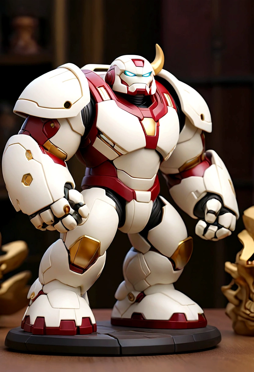 a small white hulkbuster samurai figure on the table, gold mecha accent, hero pose, bird eye view, holding a sword