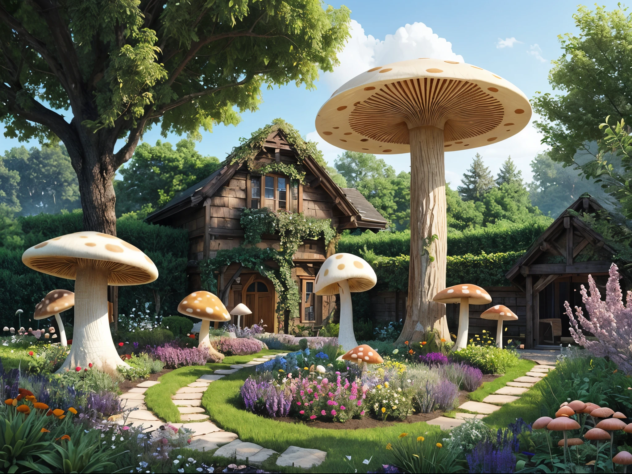 giant mushroom, mushroom garden, modern fantasy garden, surrounded by flowers, vibrant, colorful, flowers and bush, viscous liquid,