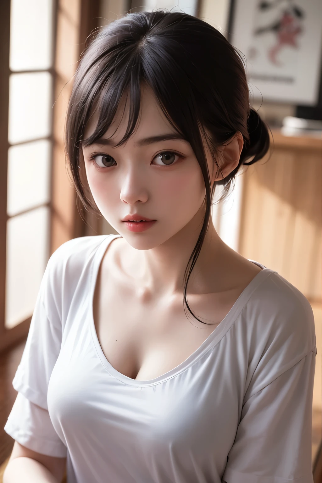 (1 nogizaka girl,raw photo,photo realistic:1.5),(best quality, high quality,HDR, highest quality,ultra high resolution,high resolution,high res,ultra high difinition,huge file size,8K,2K wallpaper,8K wallpaper,high quality texture,amazing,an extremely delicate:1.4),one girl, Japanese famous idol,beautiful face,small face,absurd,ridiculous,incredibly ridiculous,blurry background,(T-shirt,cleavage,no makeup:1.2),medium skin,beautiful skin,detailed skin,black hair,silky hair,(Japanese eyes:1.3),detailed eyes,black eyes,Japanese idol eyes,triangle eyes,Japanese nose,5-fingers,(Light Particles, Lens Flare, Luminous Particles: 0.7),looking at viewer,bright lighting,professional lighting,girl
