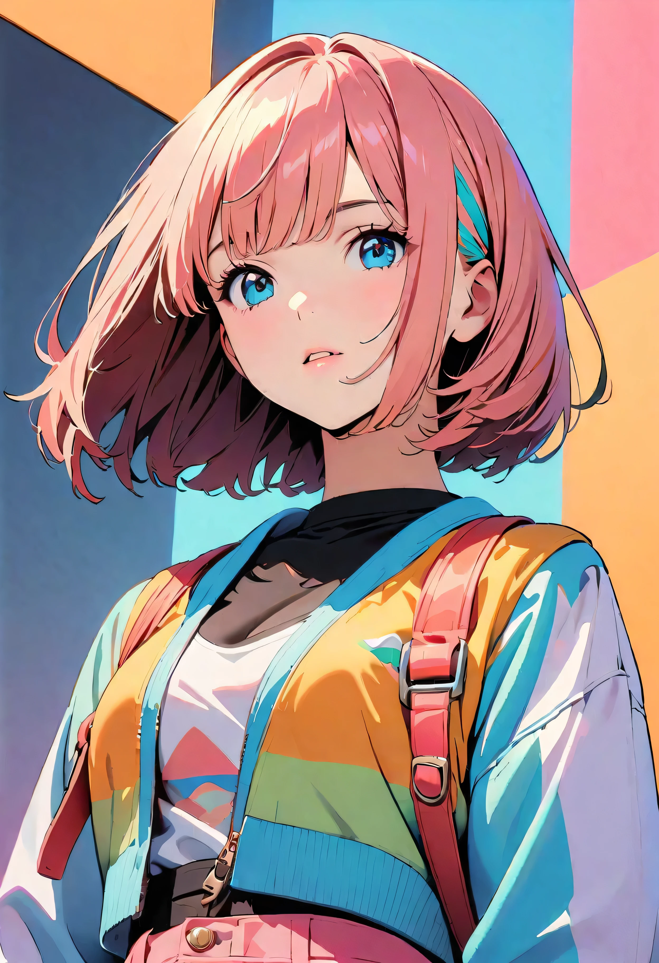 (highest quality:1.2, City Pop Style, Very detailed, Latest, Vibrant, High Contrast, masterpiece:1.2, highest quality, Best aesthetics), girl, ((Face Up Shot:1.4)), Colorful Hair, Bobcut, pastel colour, 1980s style, ((Retro, Vintage, Solid color background))