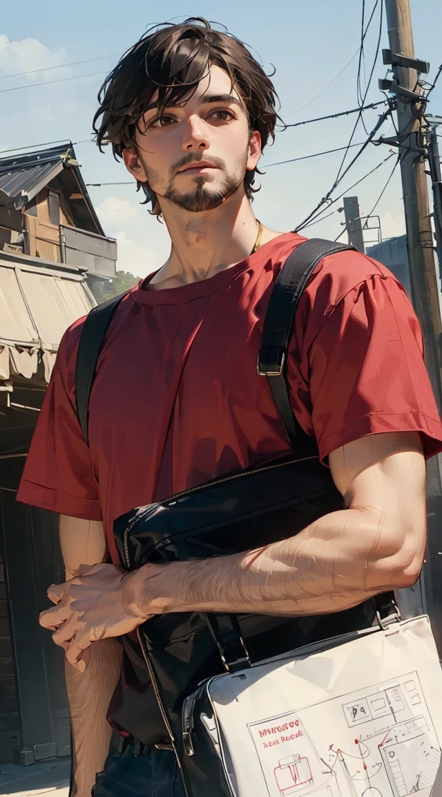 (Alex Brightman, ((masterpiece)),1boy, male focus, shirt, red shirt, facial hair, beard, blurry background, short hair, black hair, upper body, solo,looking to the side, brown eyes, rule of thirds, best light and shadow, (beautiful detailed eyes), (extremely detailed),(citypunk:.8),((best quality)), dynamic angle, rim lighting,character design sheet:1.4), (technical diagram:1.4),
(masterpiece), (best quality),
1girl, (perfect face:1.2), (beautiful face:1.2), black hair, short hair,
, school bag,
happy, high resolution, intricate,
