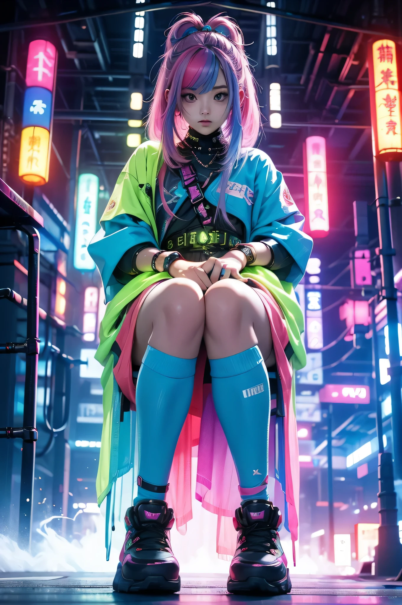 「Full body、In a futuristic cyberpunk city background、Create a portrait of a beautiful Japanese girl with colorful hair sitting on a rainbow-colored object。Her hair is neon pink、blue、Greens mixed together、It reflects light and shines brightly。Her eyes shine like the Milky Way、It looks like you're wearing futuristic contact lenses。High-tech earpieces are fitted to the ears.、She is wearing a black and yellow tank top。The tank top has a metallic texture.、Features pink and yellow accents。I'm wearing the shorts from the set。In the background, skyscrapers with neon lights shine.、The city's night view spreads out。The overall atmosphere is、It expresses the futuristic and energetic worldview of cyberpunk.。」