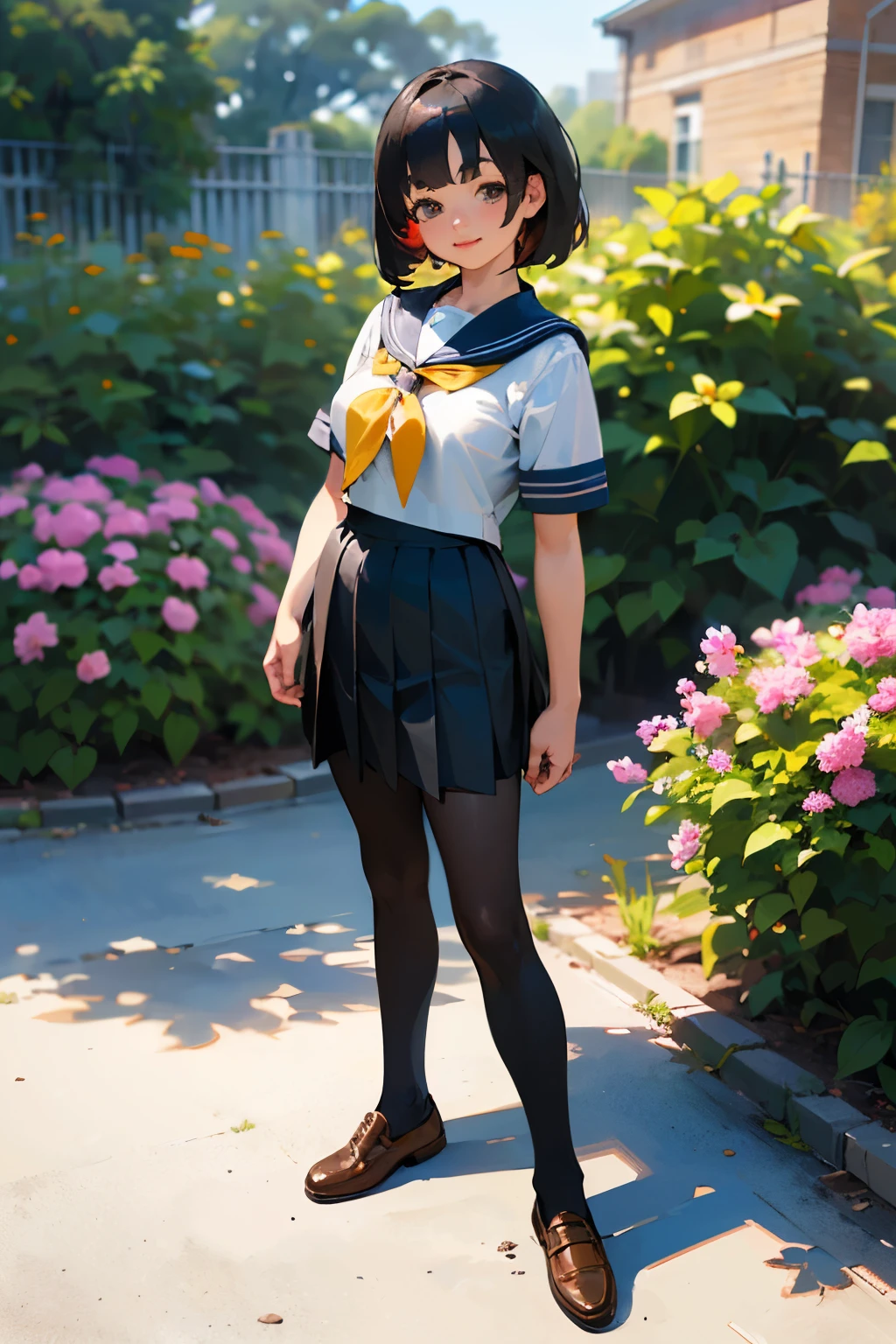 (highest quality, High resolution, Super detailed, Realistic:1.37), Peaceful atmosphere, (Outdoor, garden), Teenage girl standing alone,(my breasts are big.),Beautifully detailed features, Cute Smile, ((Black bob hair)),Short-sleeved sailor uniform, Pleated skirt,Black tights,Brown leather shoes.