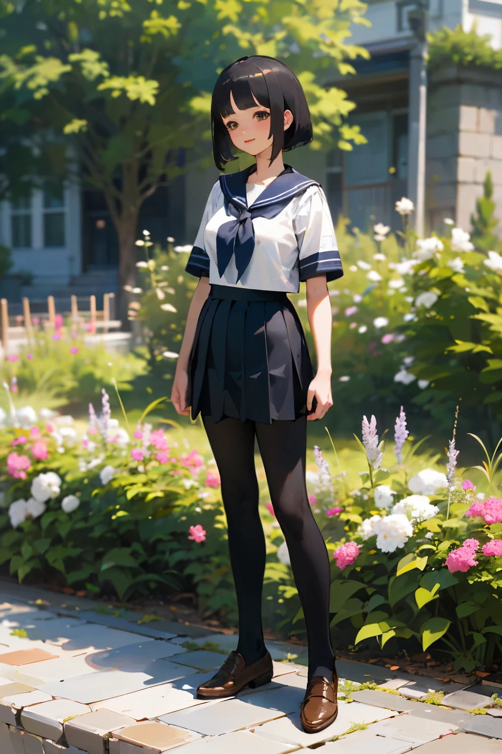 (highest quality, High resolution, Super detailed, Realistic:1.37), Peaceful atmosphere, (Outdoor, garden), Teenage girl standing alone,(my breasts are big.),Beautifully detailed features, Cute Smile, ((Black bob hair)),Short-sleeved sailor uniform, Pleated skirt,Black tights,Brown leather shoes.
