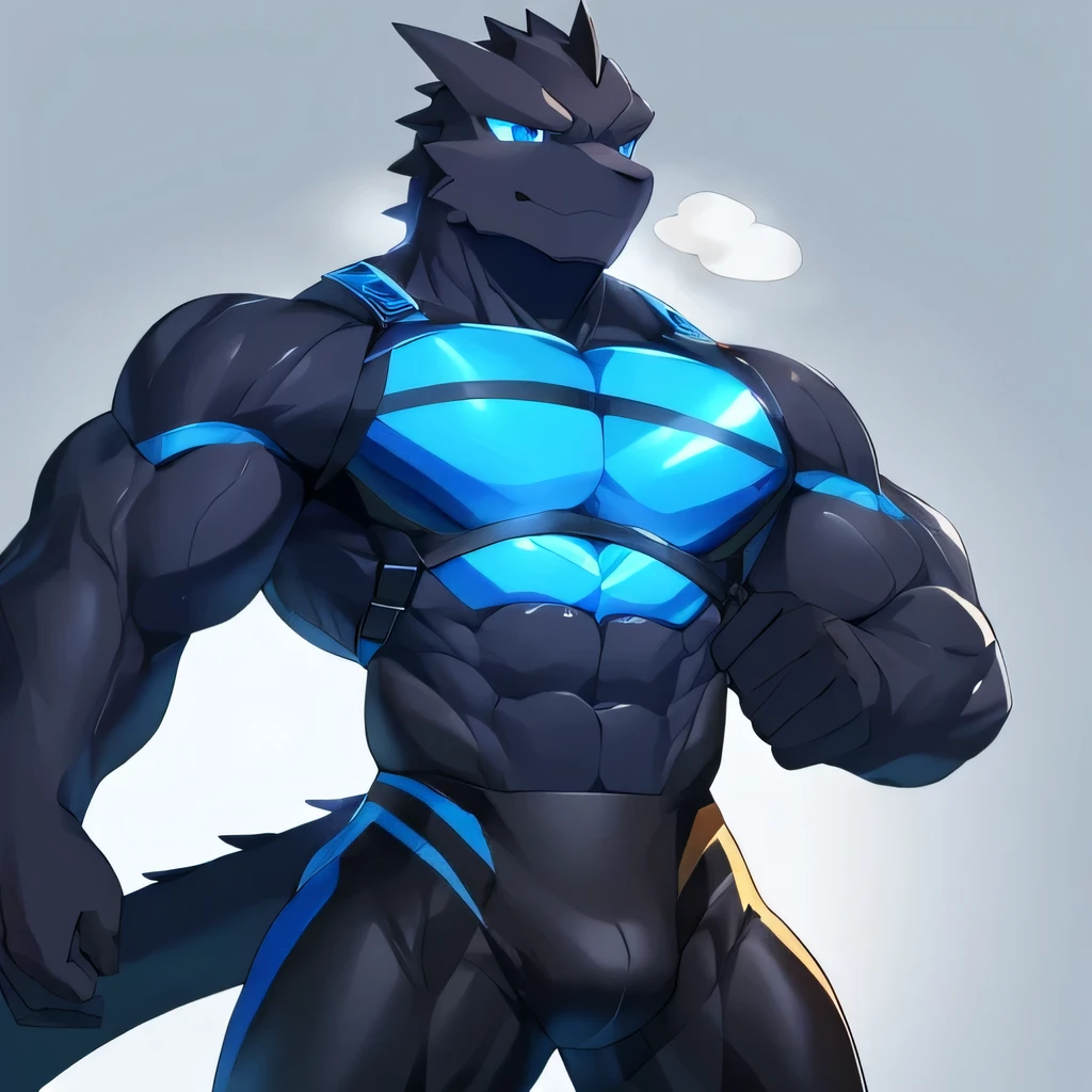 Thin macho　western black dragon　　abs　　　　　Hollow abs　　body suit　　thick arms　　　chest rig　　　、sweaty　　　skin glow　　profile　　Wearily　short of breath　　  　Chemo shota　　
have a 　blue eyes　Tired look　Glowing abs　Deep abdominals jacket