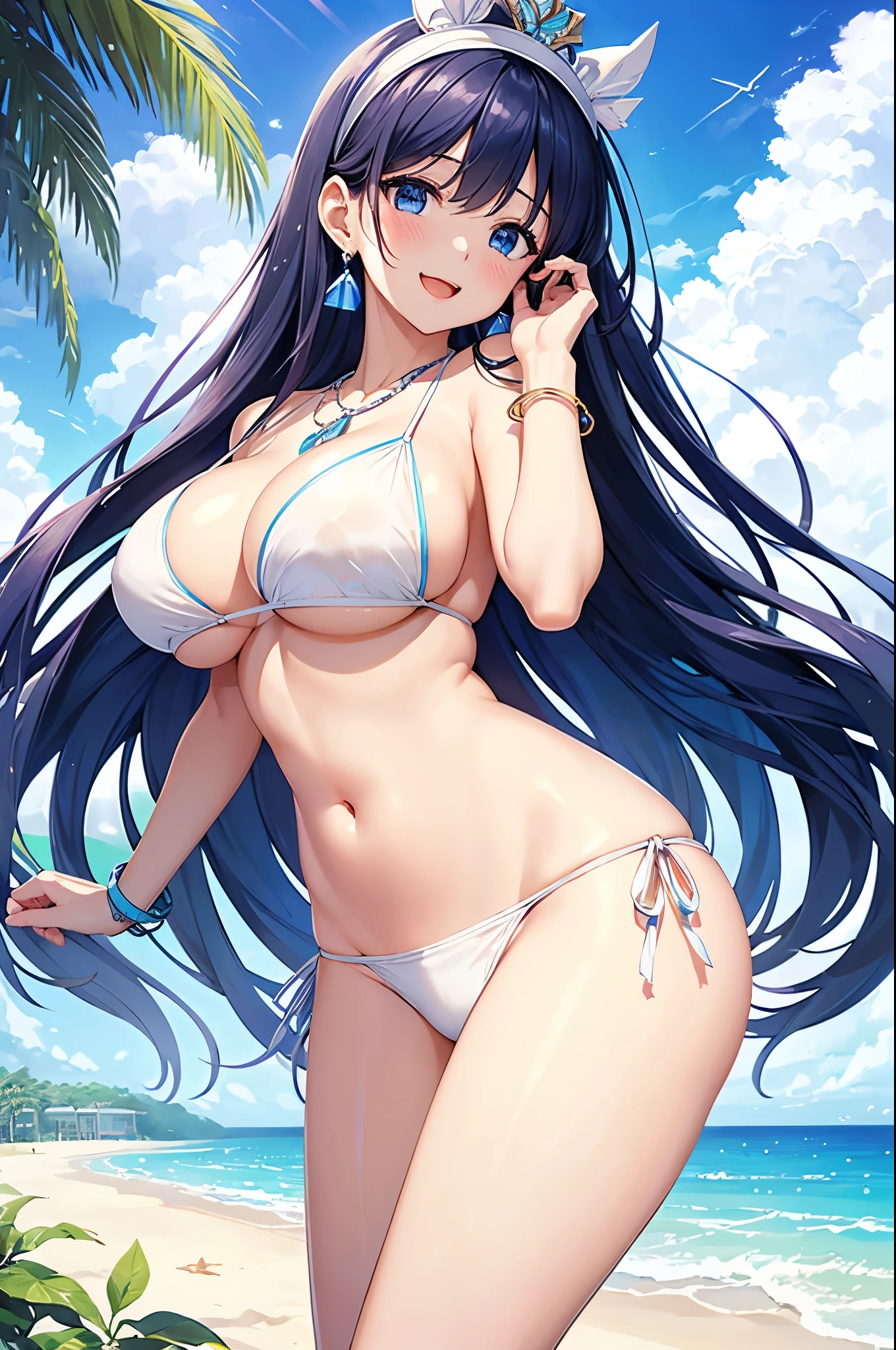 highest quality、highest quality、masterpiece、beautiful girl、Navy blue long hair、blue eyes、(Sexy White Bikini:1.3)、Big cleavage、(Big Breasts)、smile、blue necklace、Blue Earrings、background(Beach)、Please open your mouth wide、White headband、bracelet、Dynamic pose