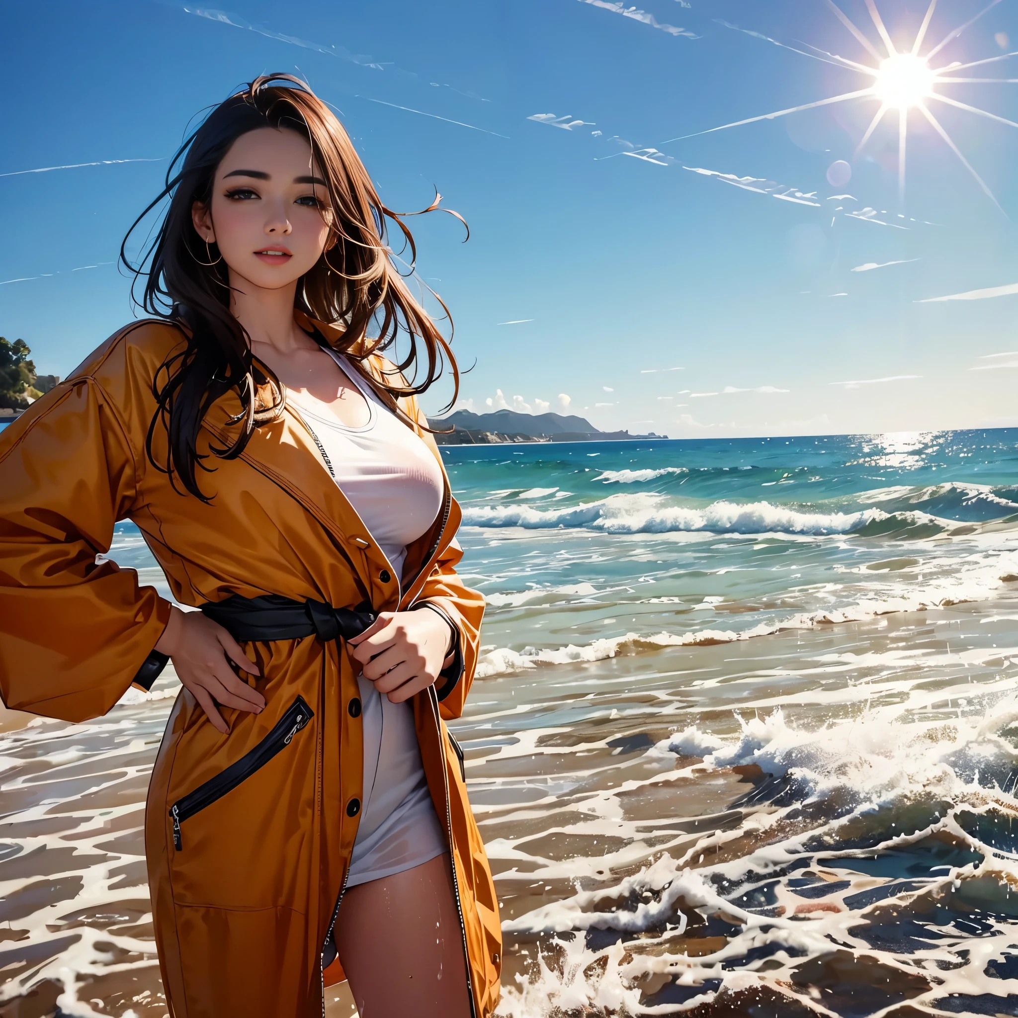 (masterpiece, 8k, best quality:1.2), at the beach, outdoor, 1girl, 27 yo australian woman, sultry smile, looking at viewer, uniform, wet clothes, soaked, wet hair, wet skin, translucent, glistening with oil, drenched, bright sunshine, soaked heavy clothes, erotic