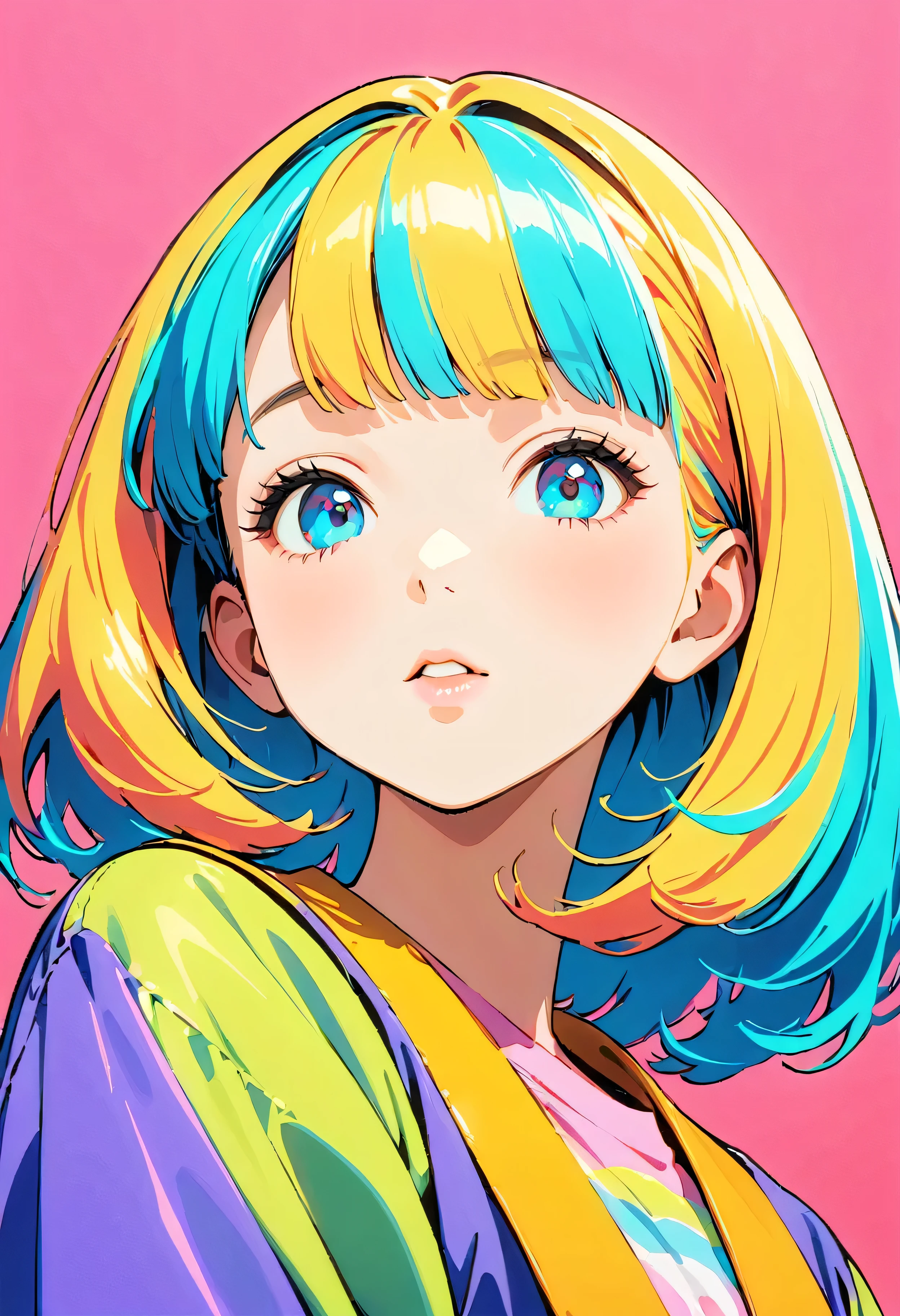 (highest quality:1.2, City Pop Style, Very detailed, Latest, Vibrant, High Contrast, masterpiece:1.2, highest quality, Best aesthetics), girl, ((Face Up Shot:1.4)), Colorful Hair, Bobcut, pastel colour, 1980s style, ((Retro, Vintage, Solid color background))