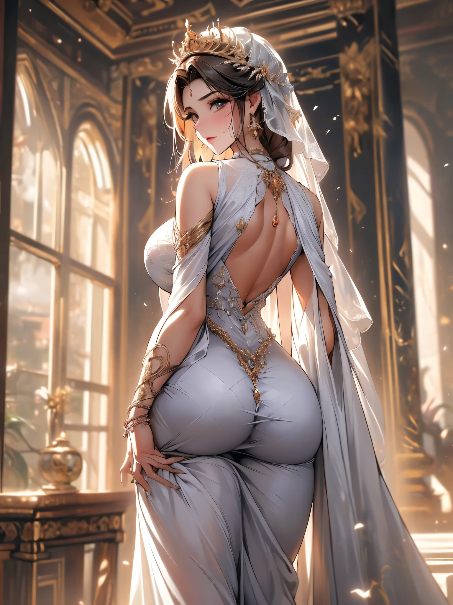 ((papel de parede extremamente detalhado da unidade CG 8k)), Obra de arte, ultra-detalhado, Flutuando, high resolution, sexualmente sugestivo, (pequeno, cabelos brancos absurdamente longos, princess, mago branco, olhos azuis, (Vestido longo em camadas, longo, branco e vermelho, ornamentado, com mangas longas e largas e bordados intrincados), bridal veil, diadema, manoplas de noiva, rubor, shy, Arched back, petticoat with ruffles, espartilho ornamentado, (((corpo inteiro, thick big ass)))