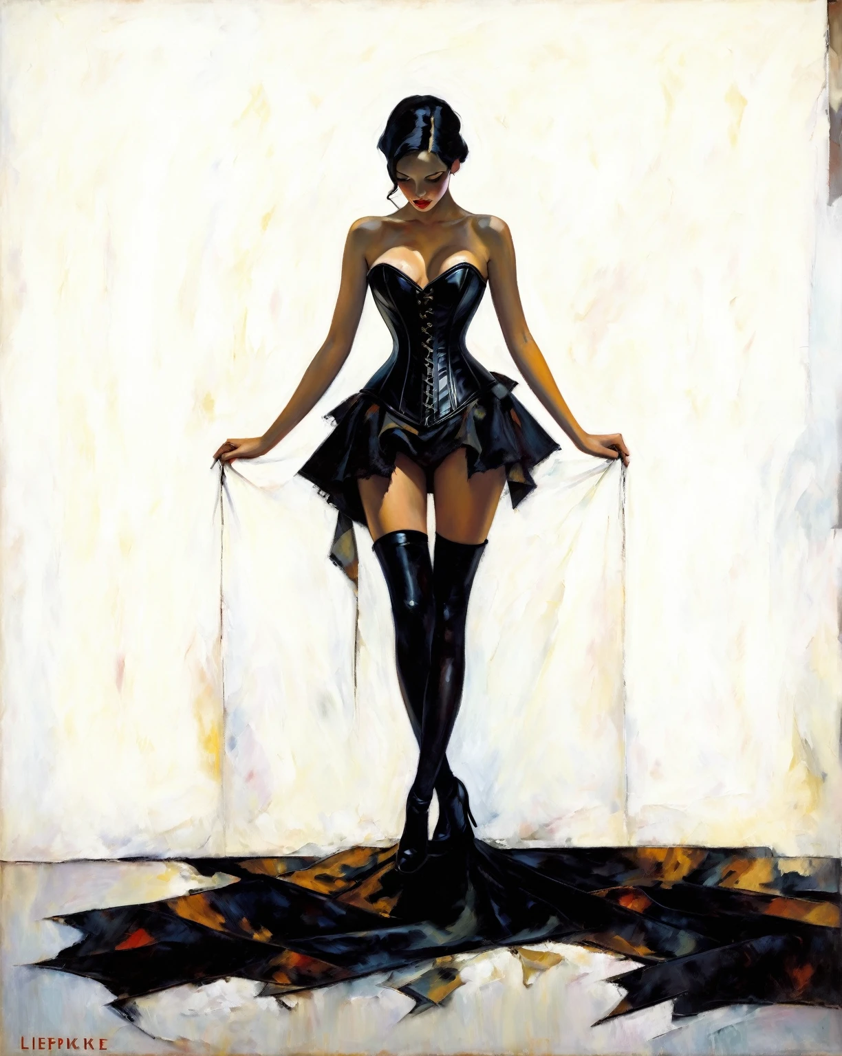 Create an evocative oil painting inspired by Malcolm Liepke, ????、(((black leather corset dress:1.4)))、(((The corset dress is decorated with beautiful lace.))), leopard print ??????, ((/microbikini/)), ???? midriff, medium perfectly round ???????, cleavage, body, golden hour lighting, focus between legs,. Capture the intense, introspective expression of the young subject using thick, expressive brushstrokes and a muted color palette. Highlight the emotional depth and vulnerability in the subject's gaze, emphasizing the play of light and shadow on their face. Maintain a simple, textured background that complements the subject's contemplative presence. Focus on the tactile quality of the oil paint to convey the raw emotion and intimacy characteristic of Liepke's style.
