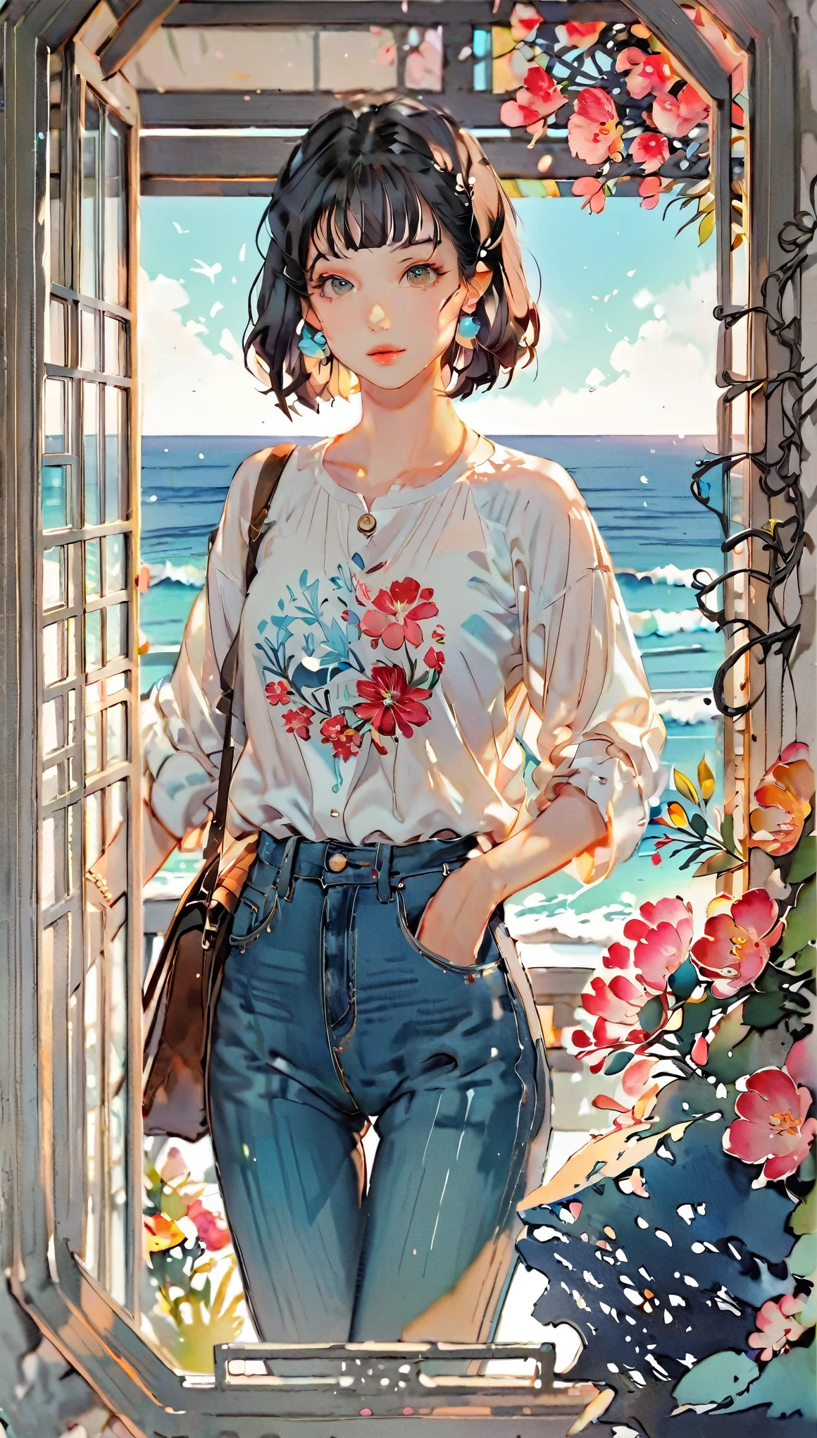 (((paper cutting style))), 1 girl, short black hair, straight hair, portfolio, shirts, denim, ocean and sky