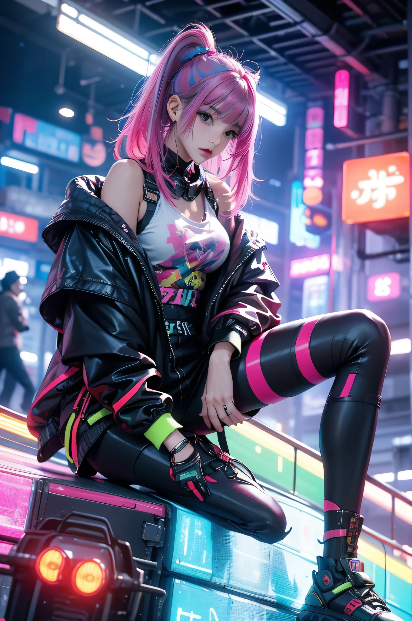 「Full body、In a futuristic cyberpunk city background、Create a portrait of a beautiful Japanese girl with colorful hair sitting on a rainbow-colored object。Her hair is neon pink、blue、Greens mixed together、It reflects light and shines brightly。Her eyes shine like the Milky Way、It looks like you're wearing futuristic contact lenses。High-tech earpieces are fitted to the ears.、She is wearing a black and yellow tank top。The tank top has a metallic texture.、Features pink and yellow accents。I'm wearing the shorts from the set。In the background, skyscrapers with neon lights shine.、The city's night view spreads out。The overall atmosphere is、It expresses the futuristic and energetic worldview of cyberpunk.。」
