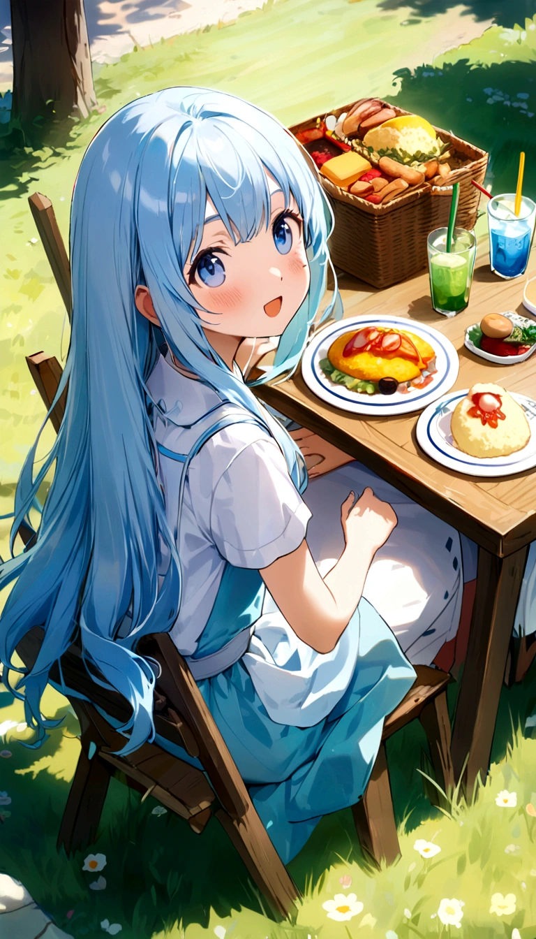 masterpiece, best quality, extremely detailed, (illustration, official art:1.1), 1 girl ,(((( light blue long hair)))), ,(((( light blue long hair)))),light blue hair, ,10 years old, long hair ((blush)) , cute face, big eyes, masterpiece, best quality,(((((a very delicate and beautiful girl))))),Amazing,beautiful detailed eyes,blunt bangs((((little delicate girl)))),tareme,sunny spring day, light blue long hair、cute costume、masterpiece, best quality, extremely detailed, (illustration, official art:1.1), 1 girl ,(((( light blue long hair))))、sunlight,warm wind,fun outdoor gathering,picnic basket,green grass,comfy picnic blanket,beautiful flower,iced drinks,cute table cloth,Bright colors,relaxed atmosphere,Exciting summer atmosphere,shadows and highlights,Carefree laughter,Memorable moments,happy face,Enjoy nature,bright sunshine,the smell of freshly cut grass,playful pattern,Kiwi juice dripping,Pleasant conversation,lively atmosphere 、, Small Flag stuck on food, (((Omelet rice,Lunch boxes with cute characters on them, rice balls with hearts on them, and octopus sausages.))),A lot of delicious looking food, BREAK Girl eating kids meal plate lunch at restaurant,
,(Stars, children's toys, teddy bears, and accessories on a table)