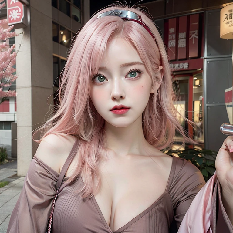 young woman, pale skin, short bubblegum pink hair, wide forehead, emerald green eyes, buttoned nose, peach lips, heart-shaped face, slender, red clothes, Sakura Haruno, 3d, realism, angelic face, maya in net
