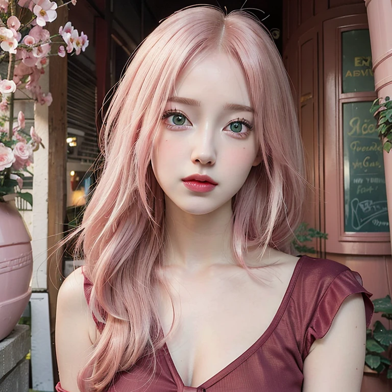 young woman, pale skin, short bubblegum pink hair, wide forehead, emerald green eyes, buttoned nose, peach lips, heart-shaped face, slender, red clothes, Sakura Haruno, 3d, realism, angelic face, maya in net