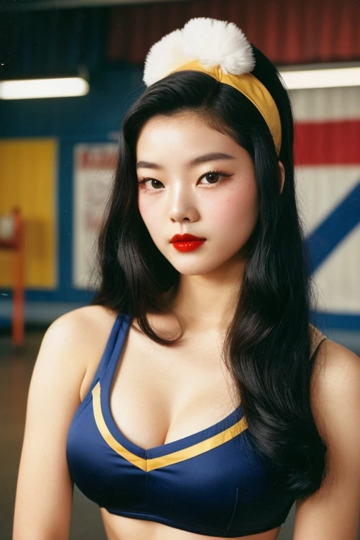 1952, Seoul, (1 korean young girl), 20 years old Girl in school gym,  Riverdale High School cheerleader outfit with blue and gold pom poms, , strikingly beautiful, delicate facial features, porcelain skin, expressive eyes, black hair, red lips), (hairstyle of the 1950s), dramatic lighting, pin up style, , surprised, colorful , masterpieces, tight body,