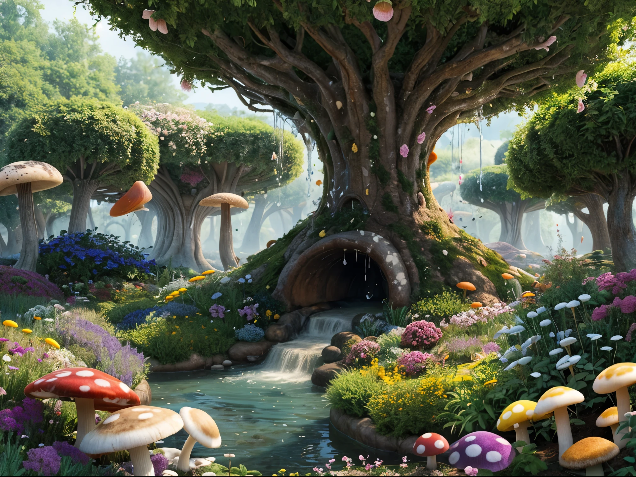giant mushroom, mushroom garden, modern fantasy garden, surrounded by flowers, vibrant, colorful, flowers and bush, viscous liquid, cinematic lighting,
