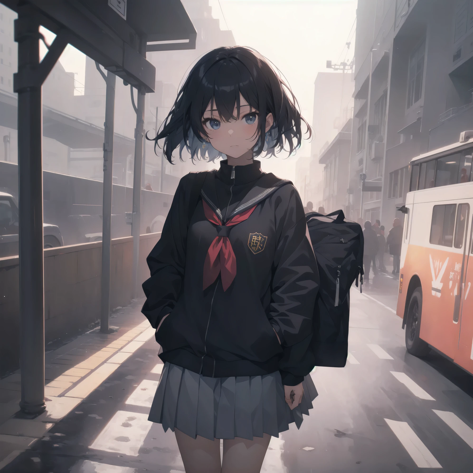 ultra-absurdres-Top quality by artist God, ultra-detailed, high resolution, anime moe artstyle, best anime 8k konachan wallpaper, pixiv contest winner, pool:2810, perfect anatomy,break, 1girl, (Please draw a girl walking sleepily to school alone. )break,(Solo,little female, 13-year-old:1.3),Full limbs, complete fingers,a junior high school student, (very short hair), short cut, flat chest, , small butt, small black eyes, beautiful detailed eyes, well-proportioned iris and pupils, expressive eyes, highres detailed hair, soft expression, salor school_uniform, sailor collar, serahuku, bow, pleated skirt,(Detailed Lighting), (Detailed background), in the School commute route. break,super detailed skin, Best cinematic lighting powered by famous artist, 8k,beauty illustration,photoshop_(medium),very aesthetic,break,((artist:tsuda_nanafushi )), artist:clamp ,artist:carnelian ,artist:kantoku ,
