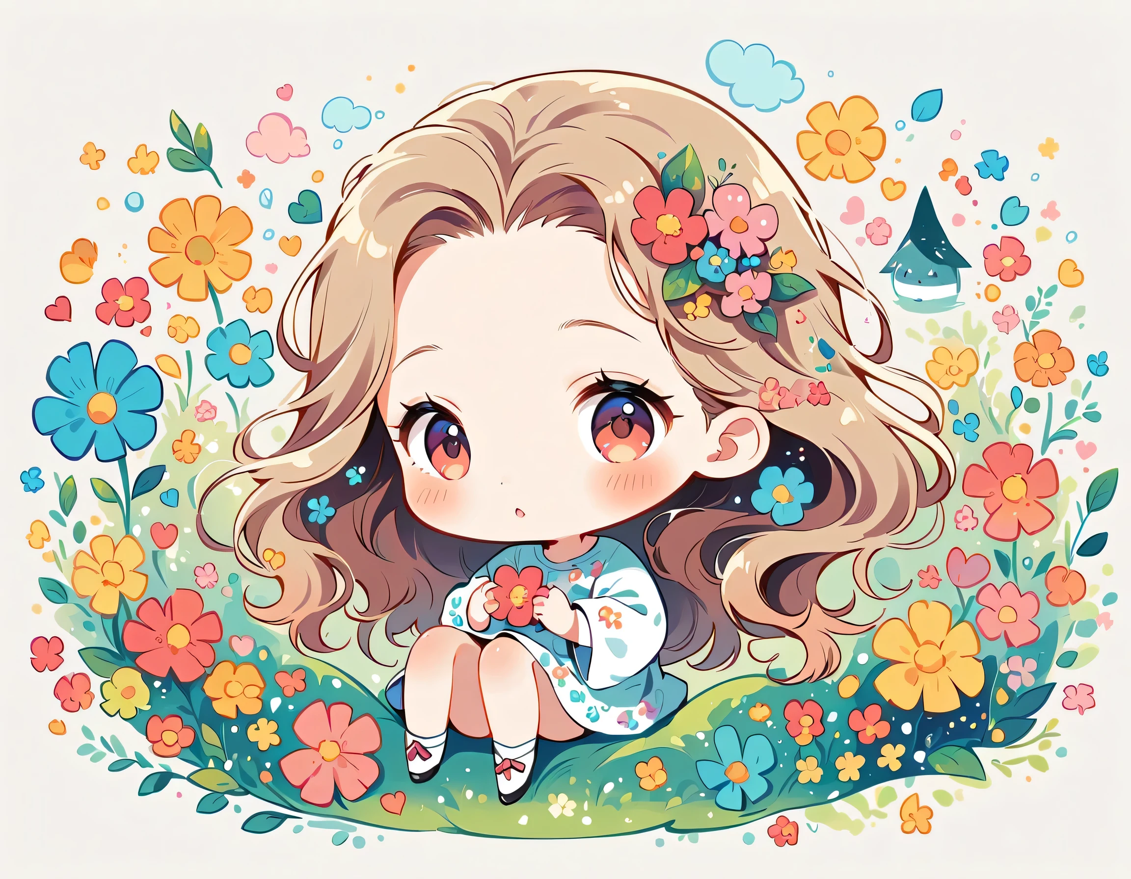 Watase Seizo style、The most beautiful girl of all time、Lips in Love、Colorful flowers、Simple line initials、Abstract art、(((chibi))), Totoro Forest