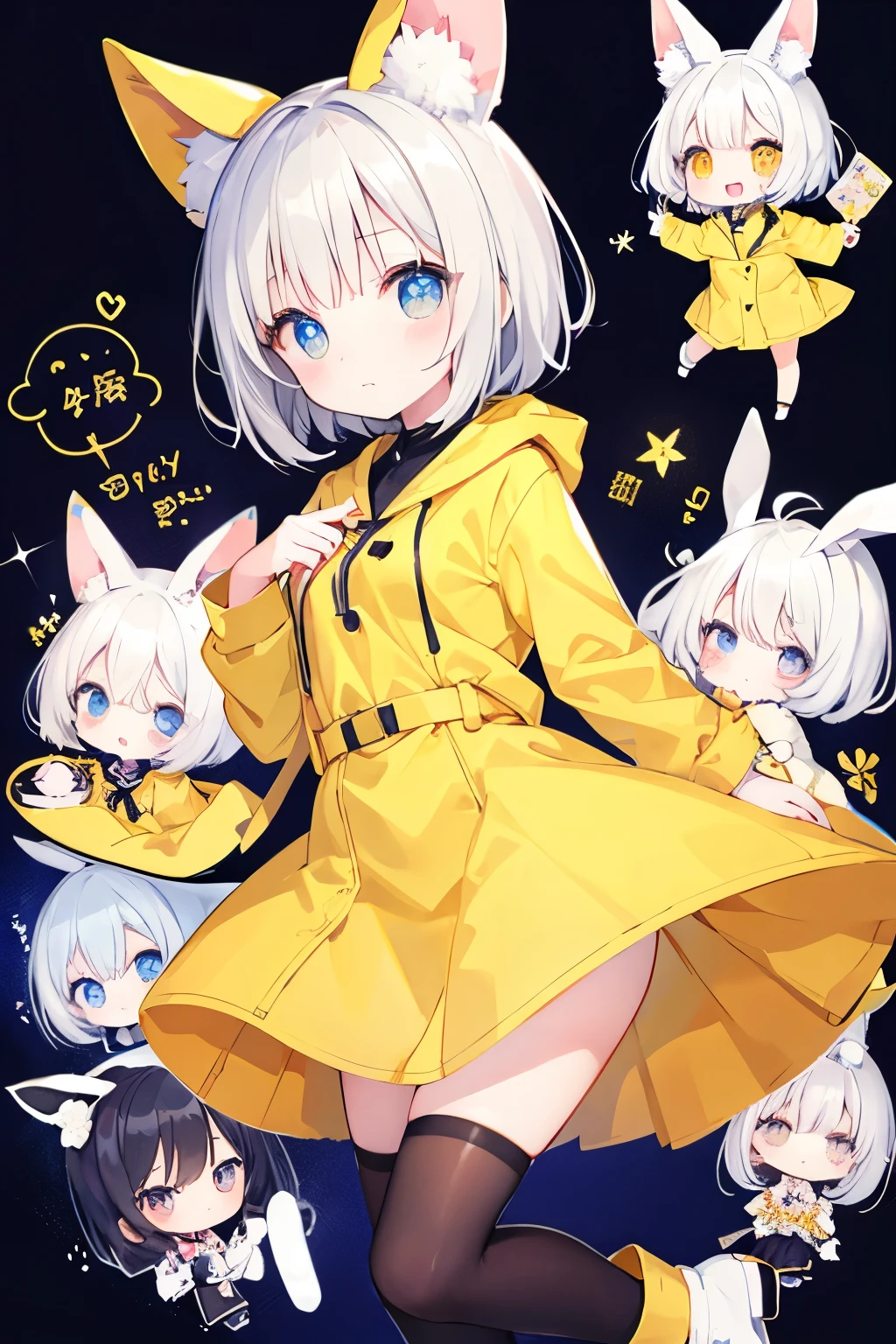 Yellow raincoat、Bunny girl、Usamimi、Very beautiful and Shining Eyes、Shining Eyes、1 girl、Small breasts、Big Mouth、high school girl、Small breasts、Transparent silver short hair、7-year-old girl