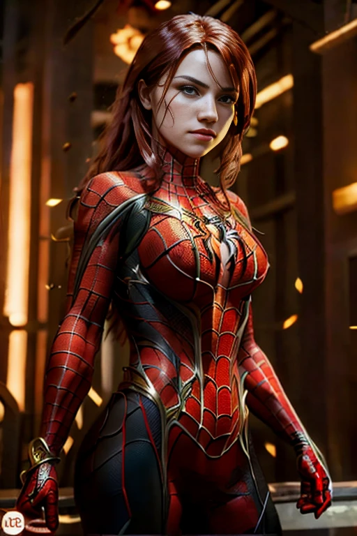 A beautiful woman with long red hair wearing a golden Spider-Man outfit