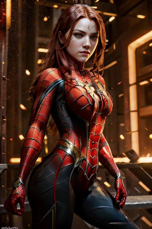 A beautiful woman with long red hair wearing a golden Spider-Man outfit
