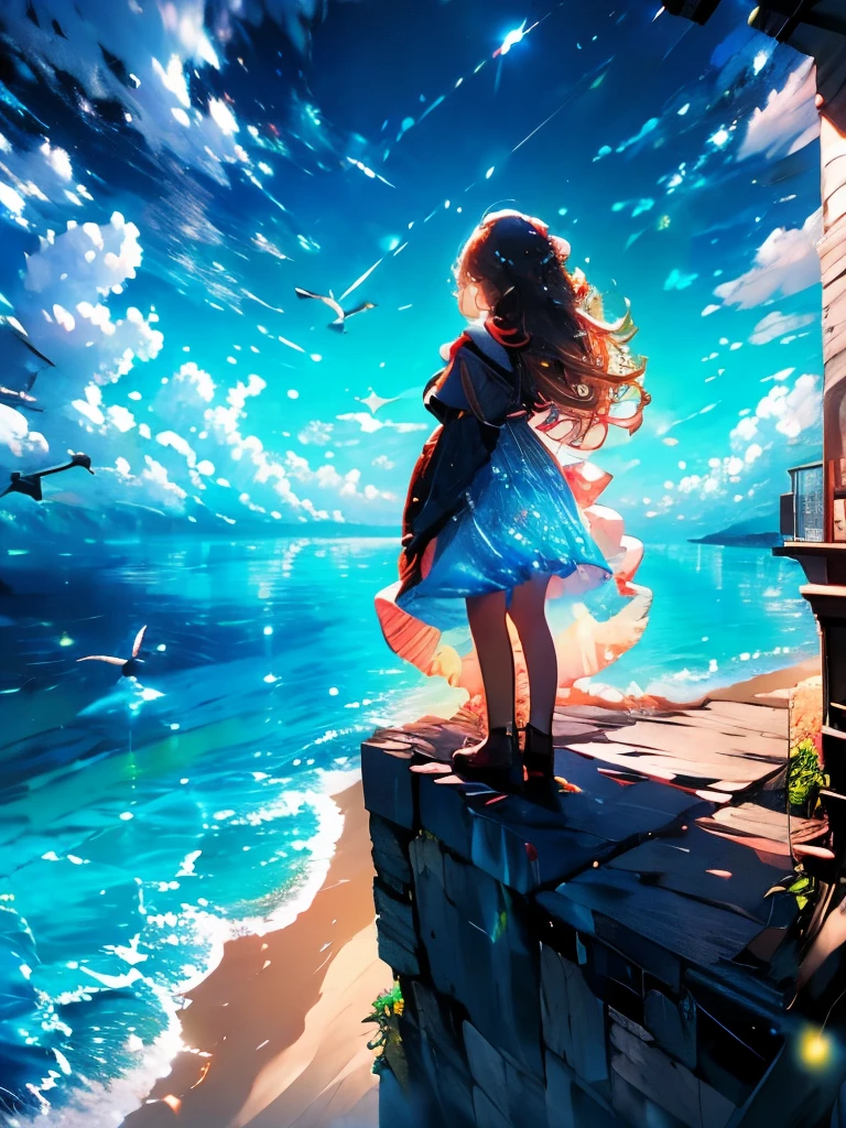 Masterpiece、view the sea from the cliff、Back view、Big Ocean、The horizon shines、blue sea、Seagulls fly