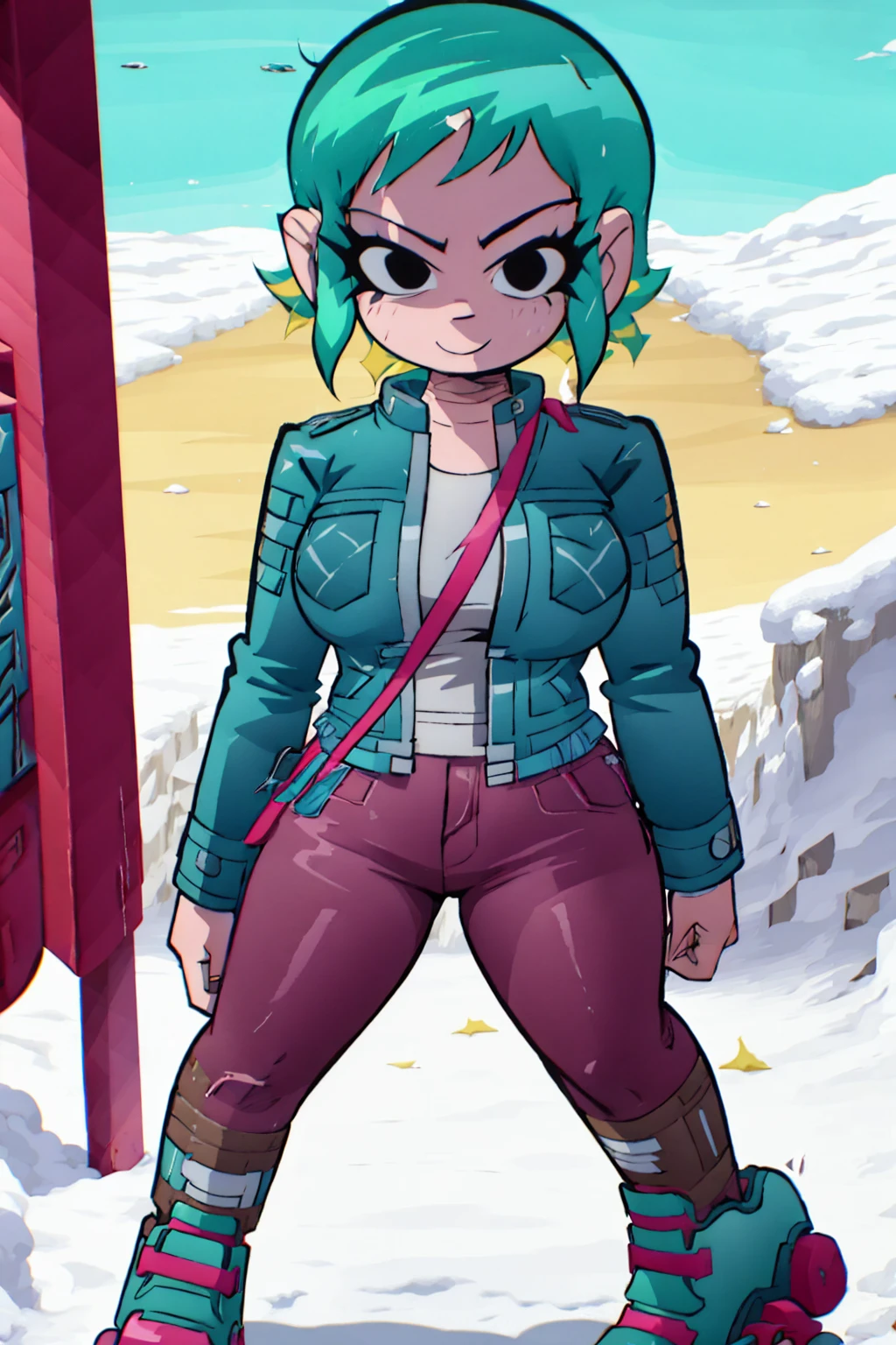 A girl Scott Pilgrim Ramona Flowers shirt jacket roller skates Super huge breasts breast enlargement A person standing in the snow looking at the camera smiling full-body shot