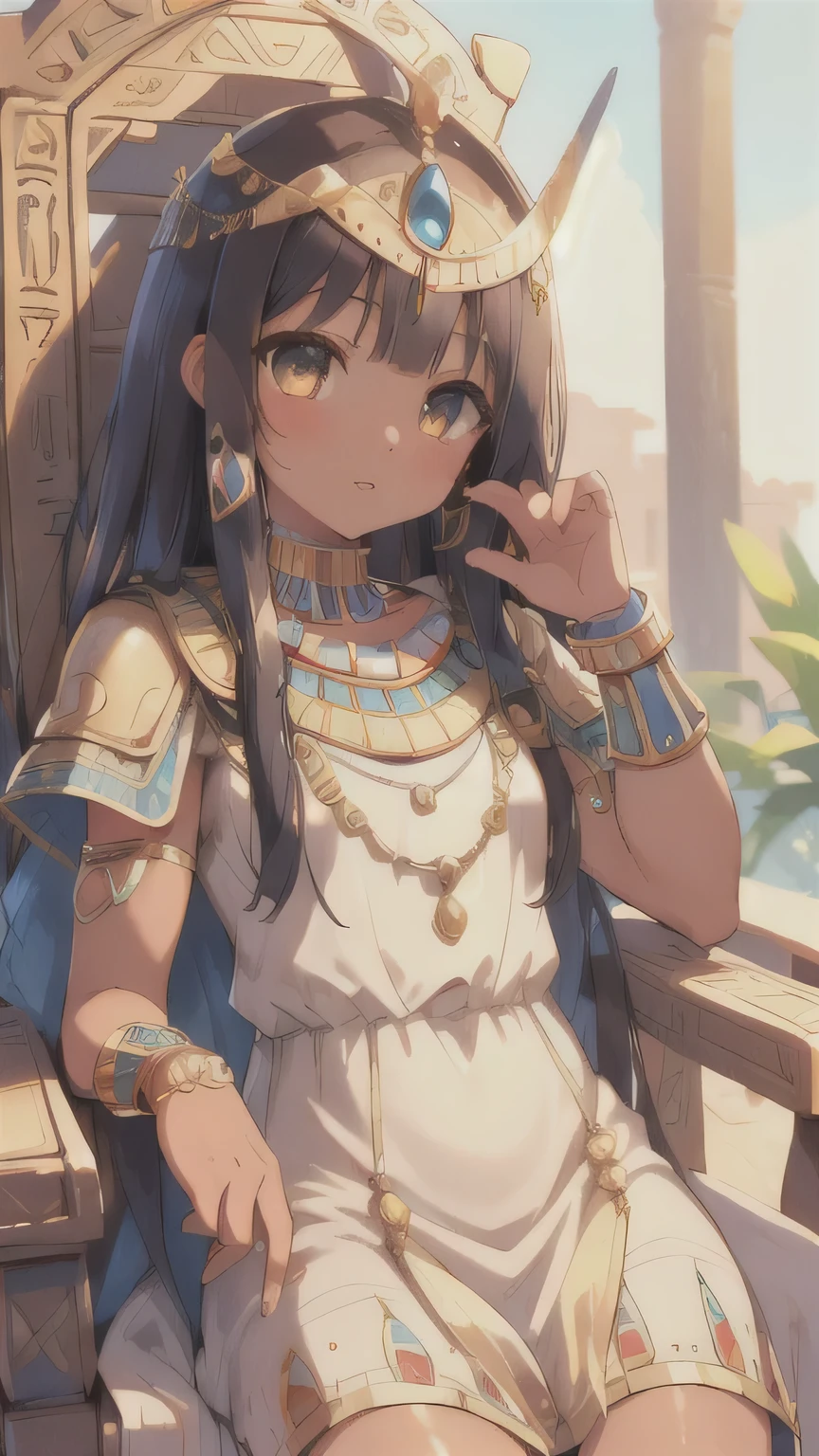 ((best quality)), ((masterpiece)), (detailed face and eyes), perfect face, accurate, textured skin, high details, highres, Cleopatra, queen of ancient Egypt, in silk dress, jewelled crown, lipstick, cowboy shot, Tanned skin, brown skin, throne, ray tracing, anime style, 1080P