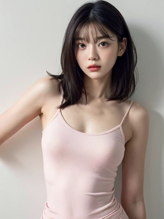 See-through tops、、camisole、Waistline、Abdominal muscles、Silky hair、(背景にWhite wall、Some of her hair is  pink.:1.4)、White wall、In front of a white door、(窓のあるWhite wallの部屋)、((highest quality、8k、masterpiece:1.3))、Ultra-high resolution、(photoGenuineistic:1.4)、RAW Photos、Japanese,(Detailed aspect)、Genuine、Photographed in natural light、Highly detailed face and skin texture、Highly detailed lips、The correct state of the human body、Medium Hair、Black Hair、Mr.々A pose、Natural color lip