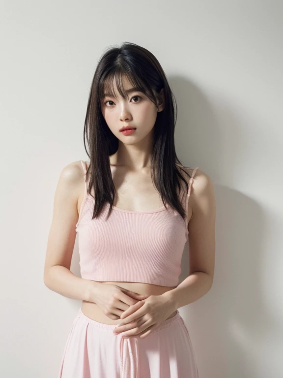 See-through tops、、camisole、Waistline、Abdominal muscles、Silky hair、(背景にWhite wall、Some of her hair is baby pink.:1.4)、White wall、In front of a white door、(窓のあるWhite wallの部屋)、((highest quality、8k、masterpiece:1.3))、Ultra-high resolution、(photoGenuineistic:1.4)、RAW Photos、Japanese,(Detailed aspect)、Genuine、Photographed in natural light、Highly detailed face and skin texture、Highly detailed lips、The correct state of the human body、Medium Hair、Black Hair、Mr.々A pose、Natural color lip