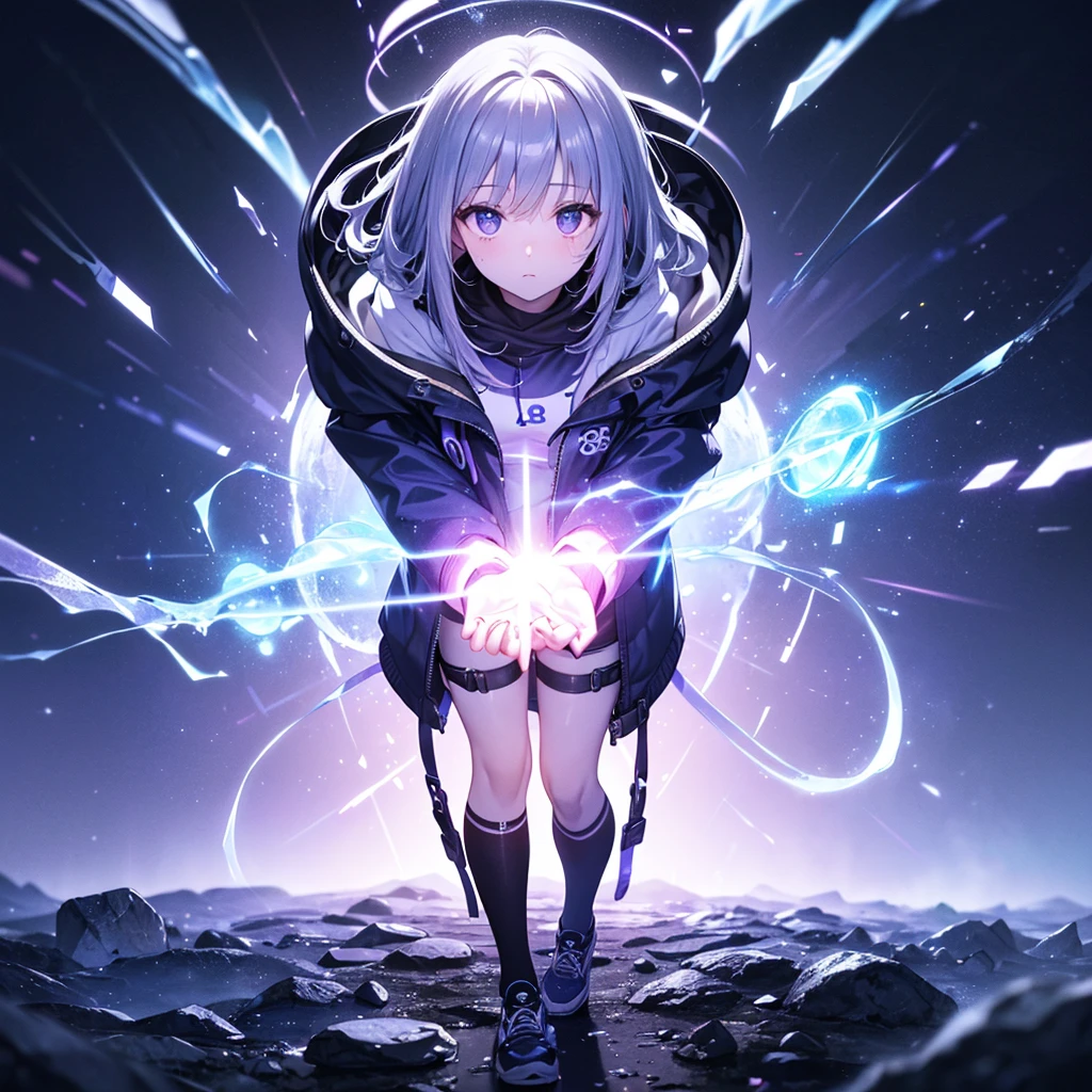 (((masterpiece, best quality, 8k))) hooded perfect face girl standing in a reflective ground holding some source of blue+purple light energy with many particles surrounding her, in a dark and misty ambient, only source of light is the energy and particles, all glowing in blue and purple tones.