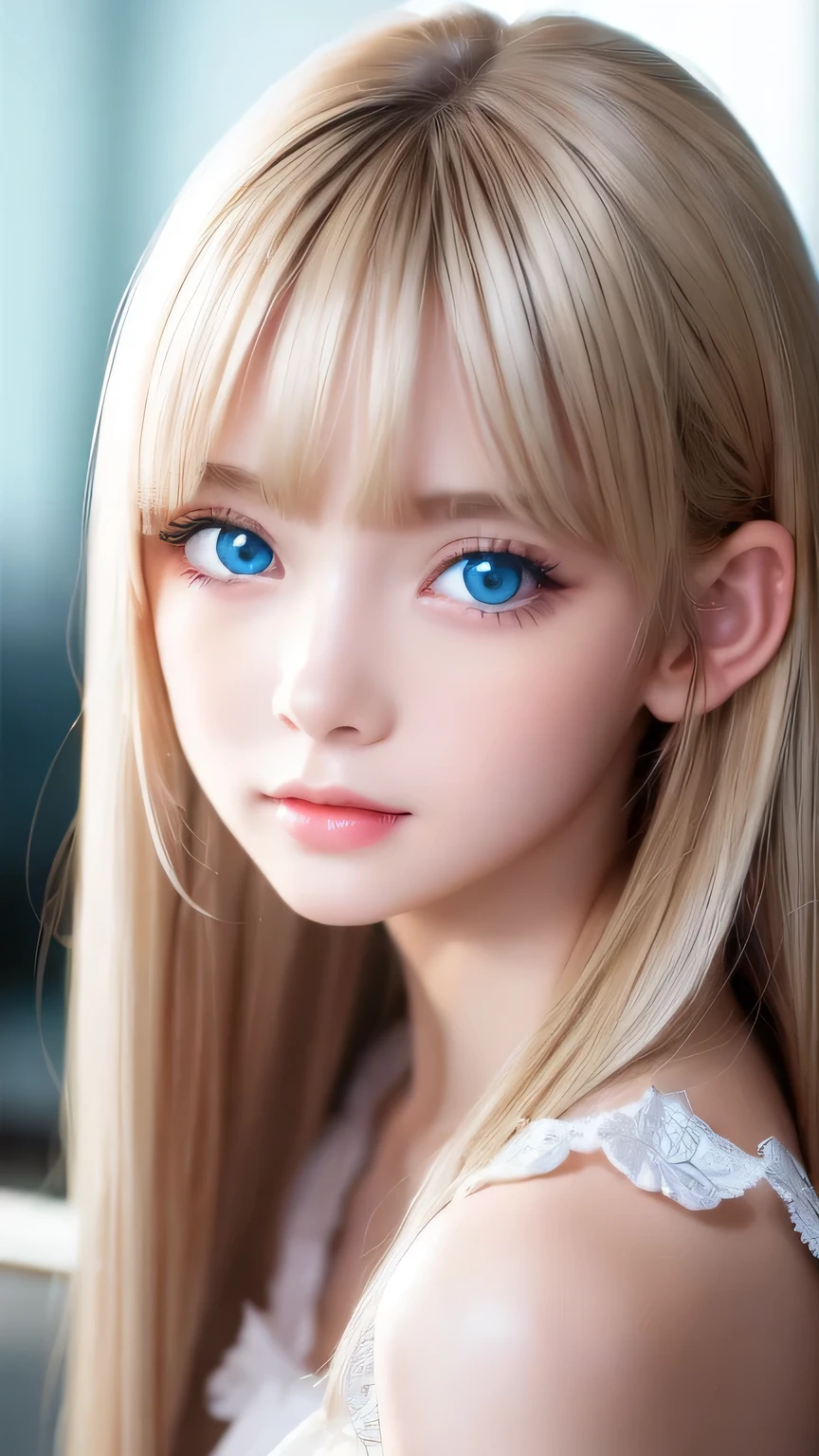 Extraordinary sexy beauty、beautiful, A kind and bright expression、Sexy and refreshing impression、Perfect beautiful Pretty face、Super long ponytail、Bangs that cover the eyes、Facial hair、Super long, Shine mystically、Natural straight platinum blonde hair、beautiful facial hair、very cute、beautifully、Sexy ugly little woman、So perfect and beautiful, Pretty face、Large, bright, light blue eyes that sparkle beautifully、Very big eyes、Very white, like々Brighter skin、Small Face Beauty、Round face